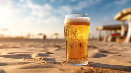 cold beer glass in the sand. Sparkling sea at the background. Generative Ai