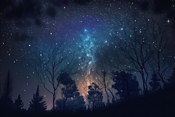 night sky in forest, generative ai, view of star on night sky through tree brunches