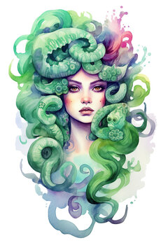 medusa watercolor clipart cute isolated on white background