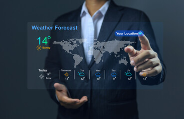 News anchor or businessman reporting weather and checking weather around the world with virtual...
