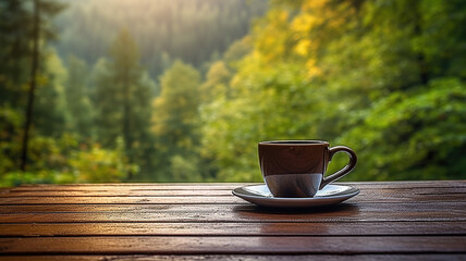 coffee cup on a wooden plank in the nature scenery. Generative Ai