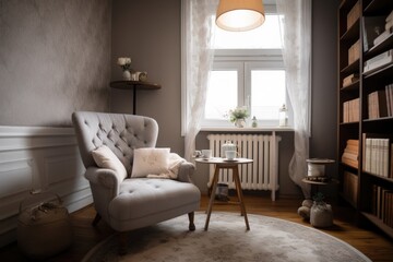 cozy reading nook with armchair, bookshelf, and tea kettle for warm cups of tea, created with generative ai