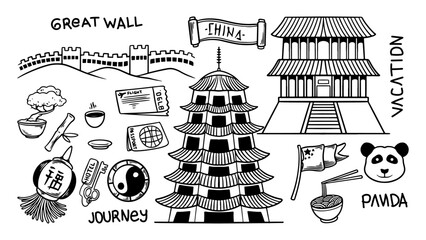 China doodle hand drawn set objects, travel drawing collection. Vector illustration vacation, temple building, destination and symbols icon pack. Natural sketch draw on white background. © ngupakarti