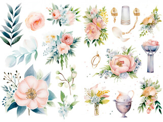 Fototapeta na wymiar A set of illustrations in a watercolor style on the theme of the Wedding Day: floral elements for the design of invitations, generated by AI