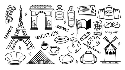 Travel to France doodle set icons vector. Simple hand drawing sketch buildings and national objects.