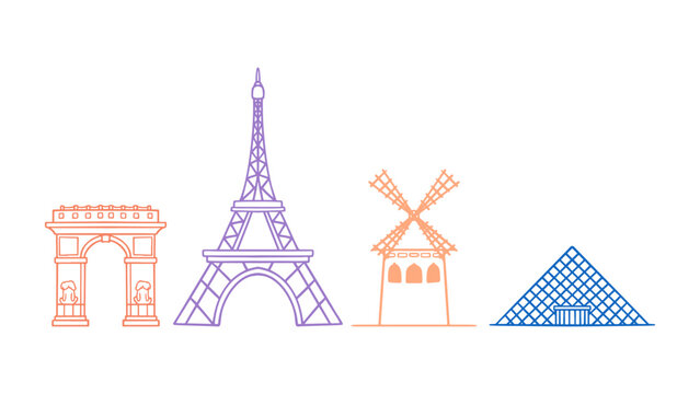 Travel France famous building set drawing. Arch de Triomphe and eifel, windmills and Louvre museum