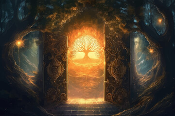 Magic Gate. Mysterious Entrance portal to Fantasy world. Ancient ruins. Passage to another world. Stone door to an alien world. Fantasy night landscape with magical power. Fairy-tale scene. 3D art