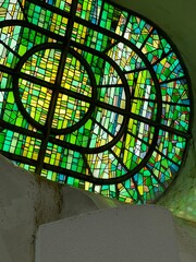 Stained glass inside of Spomenik Makedonium in Krushevo (North Macedonia) - Yugoslavia...