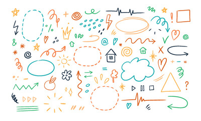 Hand drawn set of simple decorative elements. Various icons such as hearts, stars, speech bubbles, arrows, lines isolated on white background.