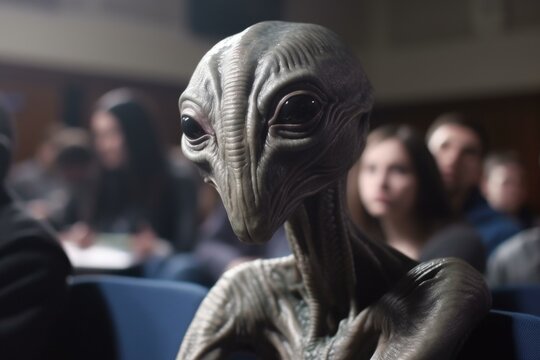 close-up of alien student's face, with attentive and curious expression, in lecture hall, created with generative ai