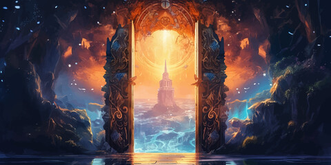 Magic Gate. Mysterious Entrance portal to Fantasy world. Ancient ruins. Passage to another world. Stone door to an alien world. Fantasy night landscape with magical power. Fairy-tale scene. 3D art