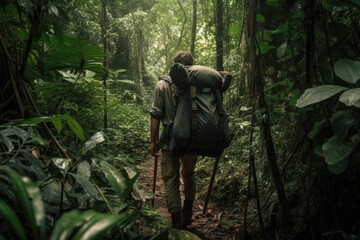 adventure traveler making their way through dense jungle, with backpack on their back and machete in hand, created with generative ai - obrazy, fototapety, plakaty