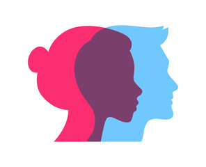 Color flat style icon collection. Vector illustration. Pink female and blue man face profile couple connected symbol isolated on white background. Design element for relationship, wedding, family