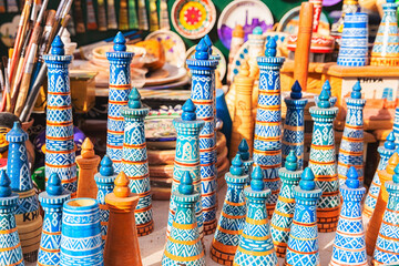 Ceramic models of Islam-Khodja (Islomxo'ja) minaret. Typical handmade Khiva's souvenires,...