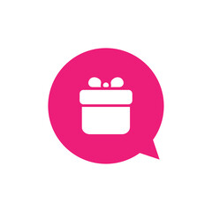 Color flat style icon collection. Vector illustration. Gift box in pink talk bubble symbol isolated on white background. Design element for advertisment, giveaway, sale offer