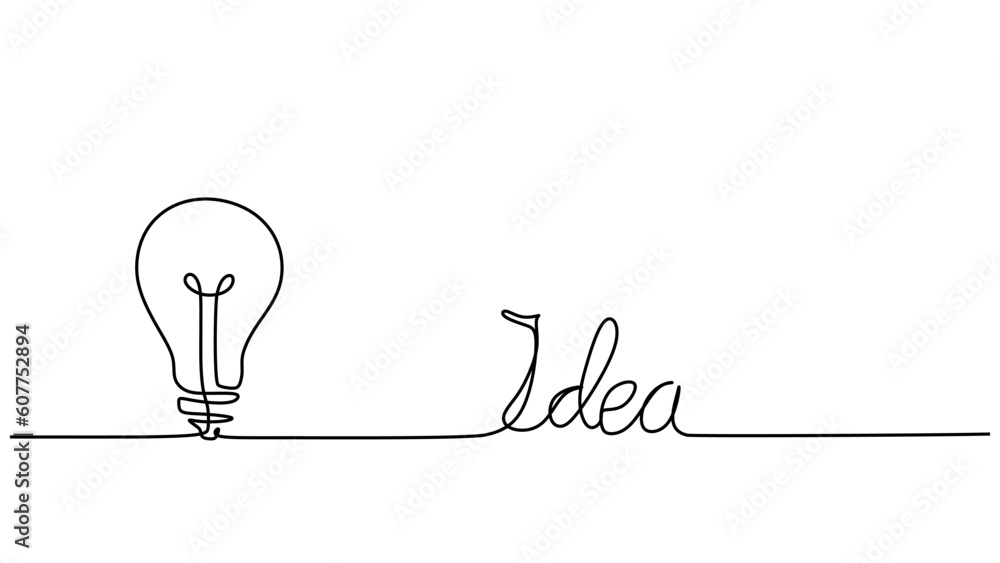Poster light bulb continuous one line drawing, vector creative solution with idea text. minimalist hand con