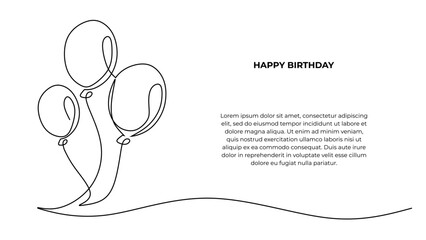 Continuous one line art birthday celebration balloon. Holiday party decoration Concept design, sketch outline drawing vector illustration.