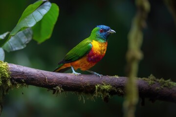 colorful bird perched on tree branch, with view of forest canopy, created with generative ai