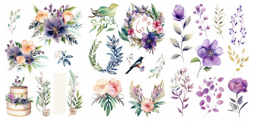 A set of illustrations in a watercolor style on the theme of the Wedding Day: floral elements for the design of invitations, generated by AI