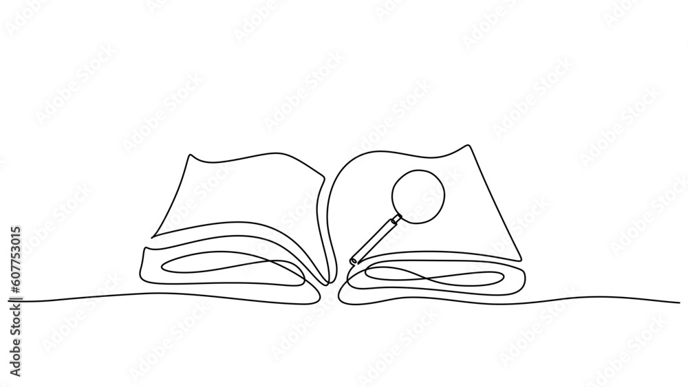 Aufkleber continuous one line drawing of book and magnifying glass, vector of searching and education learning