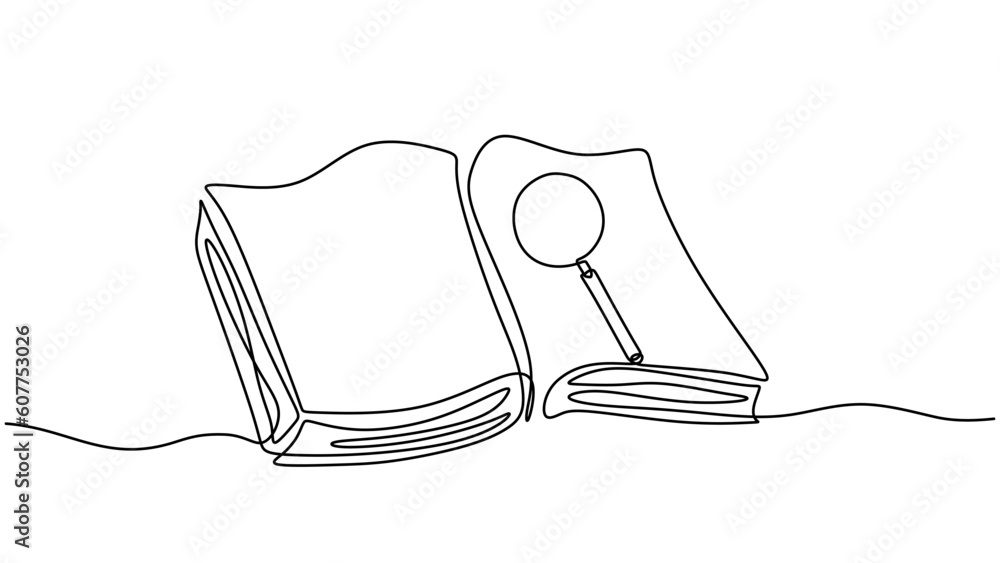Aufkleber continuous one line drawing of book and magnifying glass, vector of searching and education learning