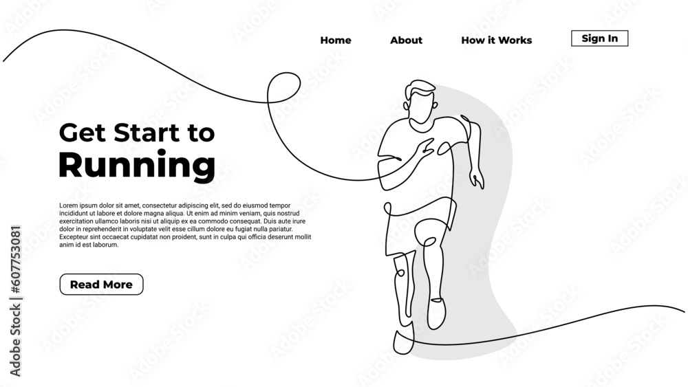 Poster running time continuous one line drawing, a man run with simple motion energy. landing page template