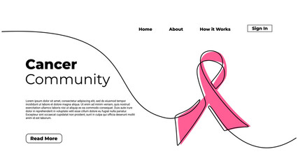 Landing page cancer minimalist vector. One continuous line drawing of pink ribbon. Cancer community text.