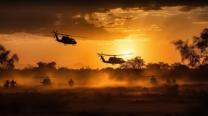 Military and helicopter troops on the way to the battlefield at sunset