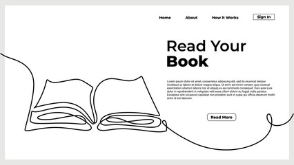 Continuous line drawing open book with flying pages. illustration education supplies back to school theme for landing page website. Book one line drawing banner.