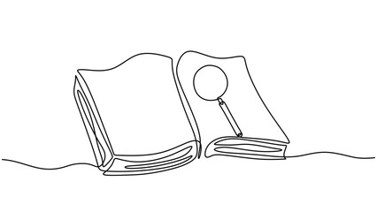 Continuous one line drawing of book and magnifying glass, Vector of searching and education learning, positioned above an open book. The concept idea of zooming in and discovering new things.