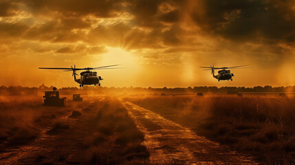 Military and helicopter troops on the way to the battlefield at sunset