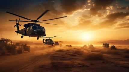 Poster Military and helicopter troops on the way to the battlefield at sunset © Denis Bayrak
