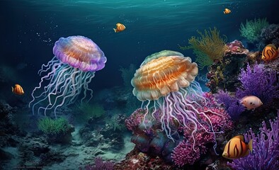 Fototapeta na wymiar Two large jellyfish among the fish at depth. Generate Ai Generative AI