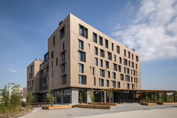 hotel, with a new exterior and interior, built on the former site of warehouse, created with generative ai