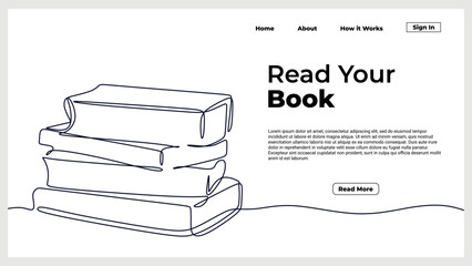 Stack of books continuous line drawing. Landing page template of education and literature library theme. Read your book text. Vector illustration minimalist.