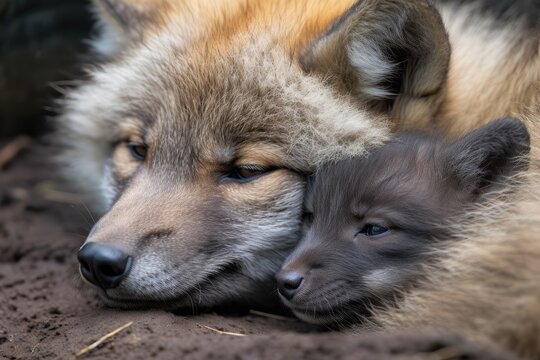 baby wolf, eyes still closed, nestled in mother's fur, created with generative ai