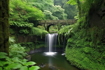 scenic landscape with waterfall, surrounded by lush greenery, created with generative ai