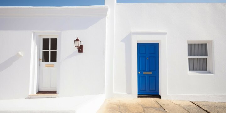 A Small White House With A Blue Door