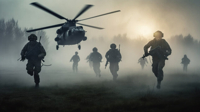 Military soldiers are running to the helicopter in the battlefield. Amidst the dust and chaos of the battlefield, the soldiers charge towards the helicopter with unwavering focus
