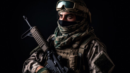 Naklejka premium Army soldier in Combat Uniforms with assault rifle, plate carrier and combat helmet, with a Shemagh Kufiya scarf on his neck against a dark background