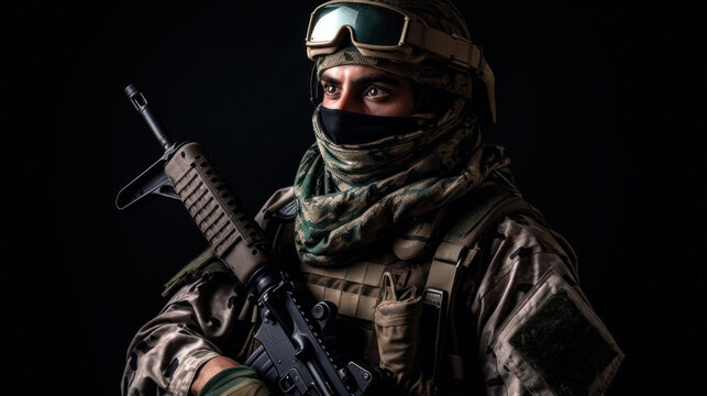 Army soldier in Combat Uniforms with assault rifle, plate carrier and combat helmet, with a Shemagh Kufiya scarf on his neck against a dark background - Powered by Adobe