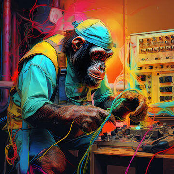 Colourful abstract digital art image depicting a chimp dressed and acting like an electrician. Generated AI