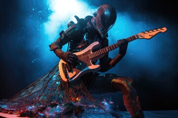 alien musician solos on futuristic guitar, with explosions and special effects in the background, created with generative ai