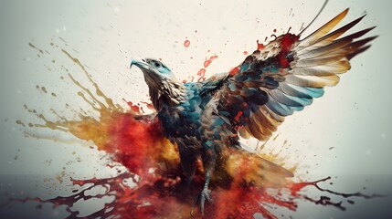 an image of an eagle flying in space, in the style of drippy paint splatters, vray tracing, realistic animal portraits, colorful explosions, red and aquamarine