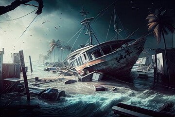tropical cyclone bringing destruction to coastal city, with boats and docks destroyed by storm surge, created with generative ai