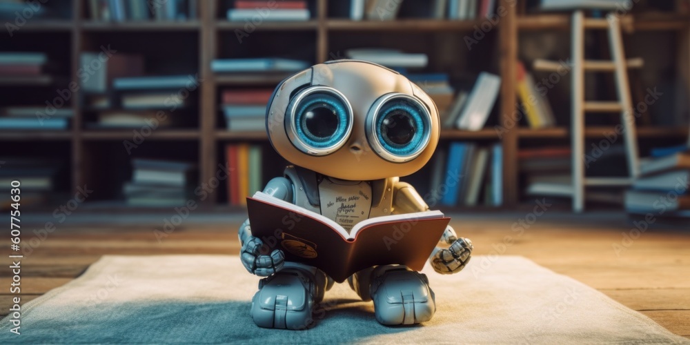 Poster a robot reading a book in front of a bookshelf. generative ai image.
