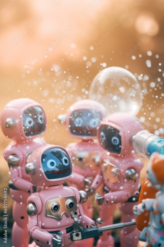 Poster a group of toy robots standing next to each other. generative ai image.