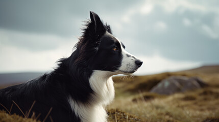 Border Collie standing against a sweeping landscape, its majestic stance exuding a captivating aura of alertness and athleticism