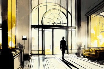 person, entering the bright and welcoming lobby of luxury hotel, created with generative ai - obrazy, fototapety, plakaty