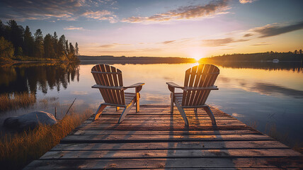 Obraz premium Two wooden chairs on a wood pier overlooking a lake at sunset in Finland. Generative Ai